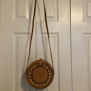 Round Handwoven Straw Bag with Leather Crossbody Shoulder Strap Handbag